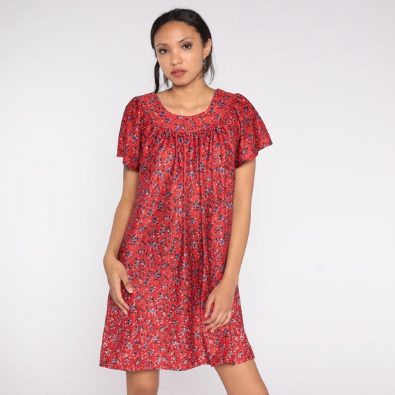80s Tent Dress Red Floral Mini Dress Retro Boho Short Sleeve Lounge Dress Shift Day Summer Vintage 1980s Medium Large Extra Large M L XL