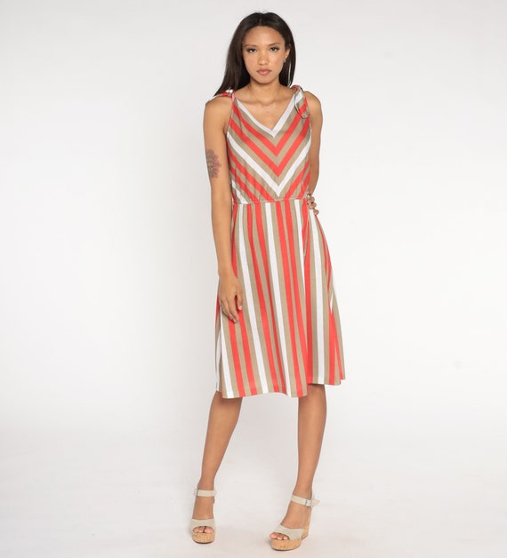 Striped Sundress 80s Midi Dress Red Taupe White S… - image 2