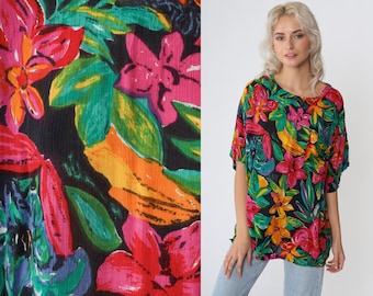 Tropical Floral Blouse 90s Boho Shirt Short Sleeve Top Flower Leaf Print Summer Hippie Retro Black Pink Green Orange Vintage 00s Medium M