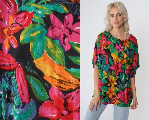 Tropical Floral Blouse 90s Boho Shirt Short Sleev… - image 1