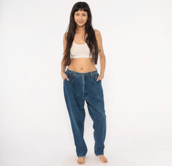 Rocky Mountain Jeans 90s High Waisted Denim Tapered Mom Pants Cobalt Blue Cotton Western Relaxed Fit Straight Trouser Vintage Women 34x31