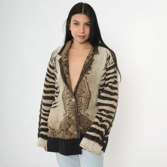 Vintage Safari Tapestry Jacket 90s Elephant Giraffe Monkey Jacket Animal Blanket Coat Boho Hippie 1990s Button Up Small Medium Large