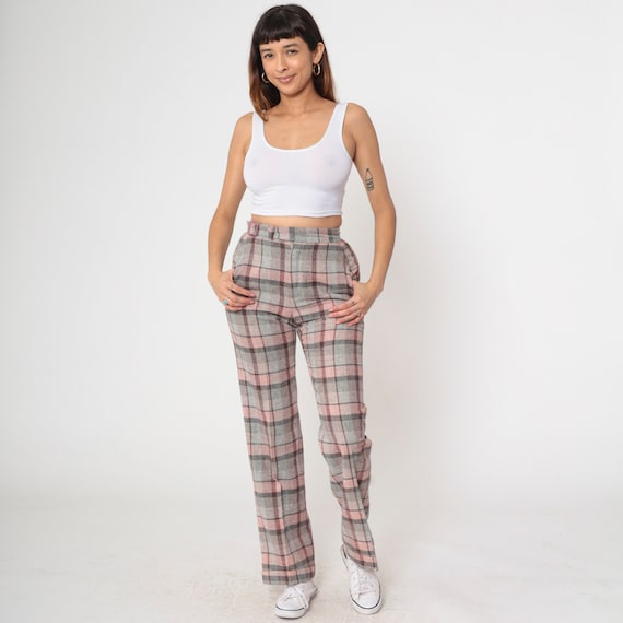 70s Plaid Pants High Waisted Trousers Wool Blend Checkered Print Cuffed Straight Leg Retro Preppy Slacks Pink Grey Vintage 1970s Small 28