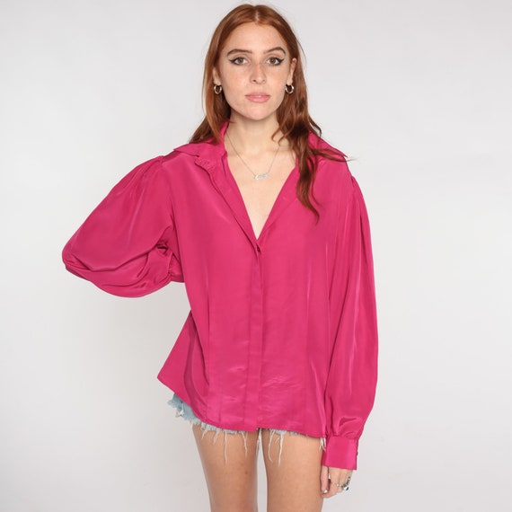 Puff Sleeve Blouse Fuchsia Pink Top Hidden Button Up Shirt 80s Solid Plain Collar Top Vintage 1980s Long Sleeve Shirt Large L