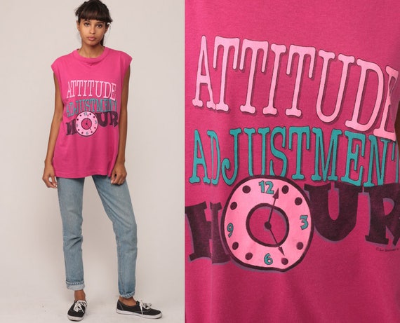 Graphic Tank Top ATTITUDE ADJUSTMENT HOUR 90s Shirt Graphic Shirt Sarcastic Slogan Retro Tee Vintage 1990s Sleeveless Pink Large