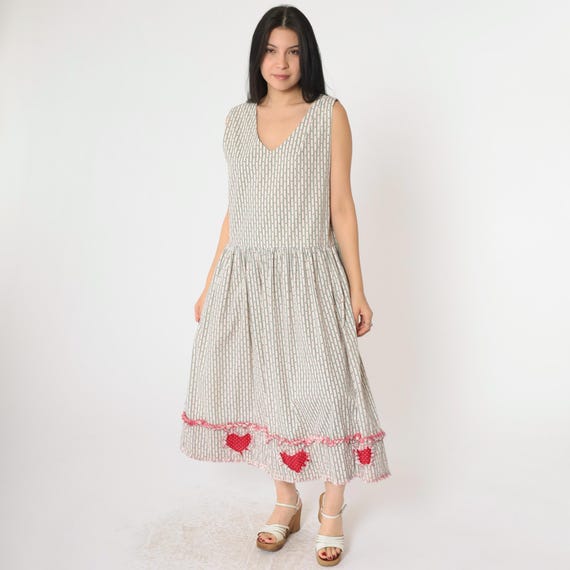 Vintage Heart Jumper Dress 80s Cottagecore Folk Country Midi  Low Armhole Pinafore Overall 1980s Low Waist Sleeveless V Neck Small Medium