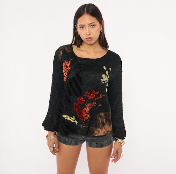 Alberto Makali Floral Embroidered Top 2000s Black Bell Sleeve Blouse Red Cherry Blossom Velvet Leopard Patchwork Knit Shirt Extra Large XL
