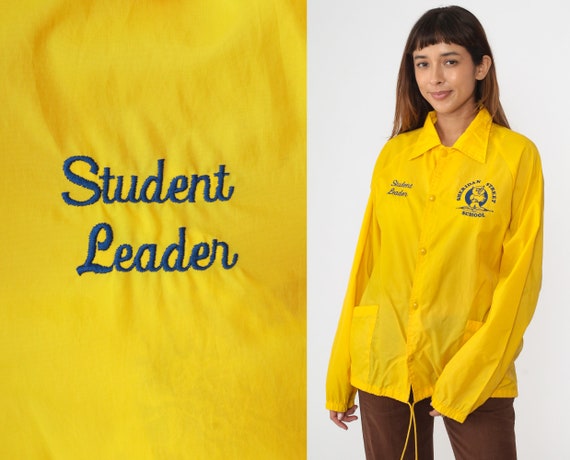 Student Leader Windbreaker Jacket 80s Yellow Sheridan Street Elementary School Uniform Jacket Vintage 1980s Retro Snap Up Baseball Medium