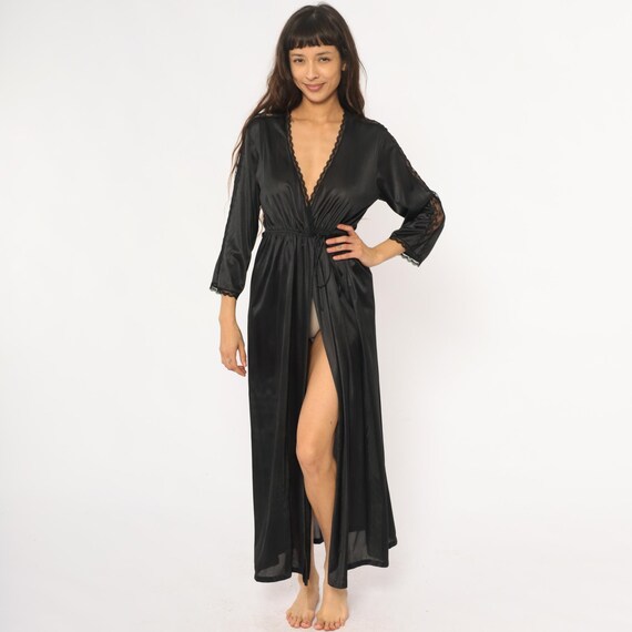 Black Lace Robe 70s Maxi Dressing Gown Wrap Front Deep V Neck Tie Waist 3/4 Sleeve Vintage Lingerie Floor Length Coquette Kimono Small S