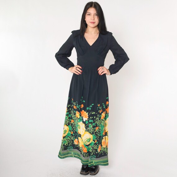 70s Black Floral Dress Hippie Maxi Dress Vintage 1970s Boho Graphic High Waist Bohemian V Neck Long Sleeve Full Length Yellow Green Small S
