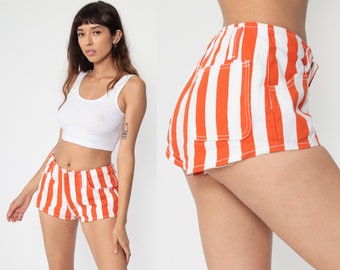 Striped Jean Shorts 80s Orange White Denim Shorts Hotpants Mid Rise Waist Vintage Summer Shorts Hot Pants 1980s Streetwear Small Medium xs