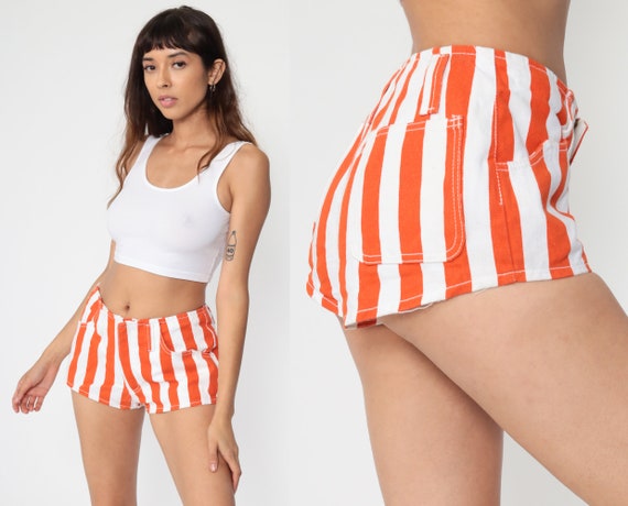 Striped Jean Shorts 80s Orange White Denim Shorts… - image 1