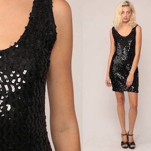 Black SEQUIN Dress Party Mini Cocktail Sequined 90s Bodycon Evening MiniDress Sheath Prom Formal Vintage Glam Sleeveless Medium Large