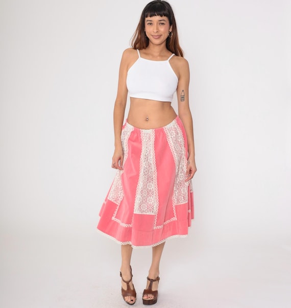 70s Prairie Skirt Bright Pink Velour Tiered Lace Midi Skirt Square Dance High Waisted Boho Hippie Vintage 1970s Medium Large