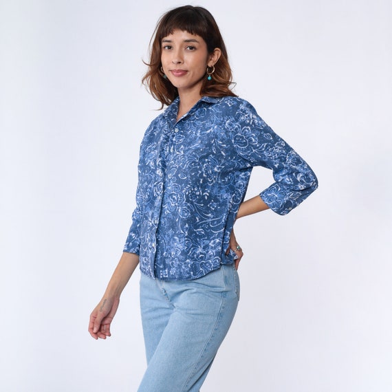 Blue Floral Shirt 90s Grunge Hippie Boho Vintage Button Up Down 3/4 Sleeve Batik Blouse 1990s Top Bohemian Collared Medium