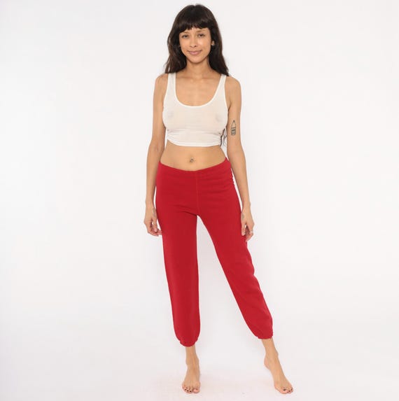 80s Red Joggers Elastic Cuff Sweatpants Crimson Cotton Athletic Track Pants Vintage Discus Tapered Leg Cherry Loungewear Waist Medium M