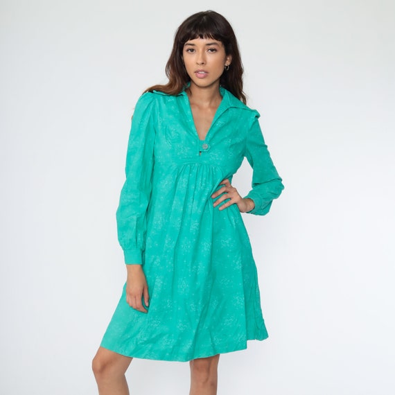Floral Babydoll Dress 70s PUFF SLEEVE Mod Mini Green Empire Waist 60s Vintage Dolly Flower Print 1970s Boho Small Petite