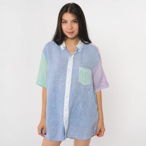 Pastel Colorblock Shirt Y2K Linen Button Down Oversized Rainbow Color Block Preppy Cottagecore Kawaii Coquette Dreamy Soft Extra Large XL