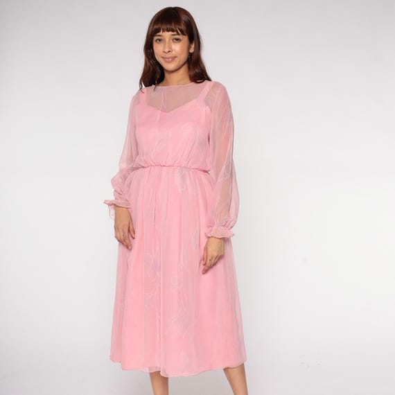 Pink Chiffon Dress 60s Sheer Long Sleeves Floral Print Romantic Feminine Party Cocktail Evening Valentines Day Date Night Extra Small XS 10