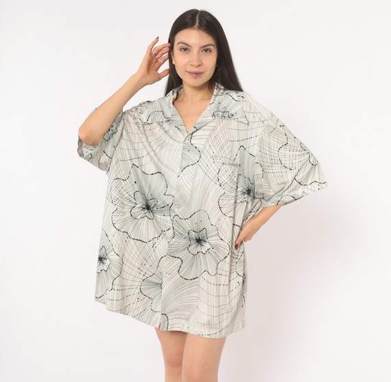 70s Hawaiian Shirt Kramers Honolulu Floral Print Black White Flower Line Art Graphic Beach Summer Vacation Plus Size Extra Extra Large XXL