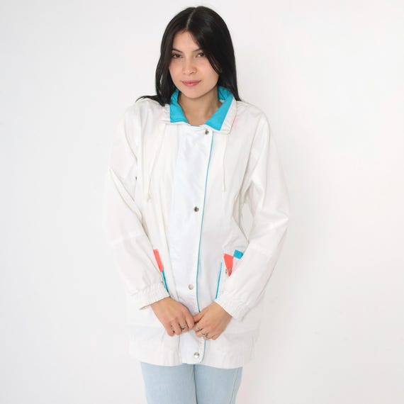 80s White Windbreaker Jacket Snap Zip Up Blue Coral Patch Pocket Retro Coat Light Casual Streetwear Vintage 1980s Oversized Small S