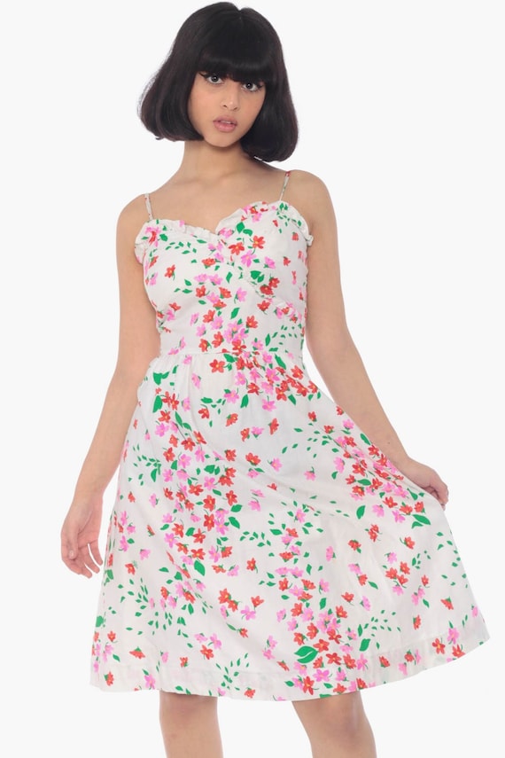 White Floral Sun Dress Ruffle Summer Boho Dress 70s Bohemian Sundress Midi Vintage Cotton High Waist Hippie Festival 1970s Extra Small xs