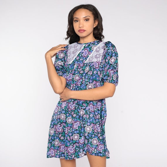 Floral Babydoll Dress 80s Mini Dress Tent Lace Bib Grunge Day Dress Short Balloon Sleeve Boho Vintage 1980s Retro Trapeze Bohemian Small S