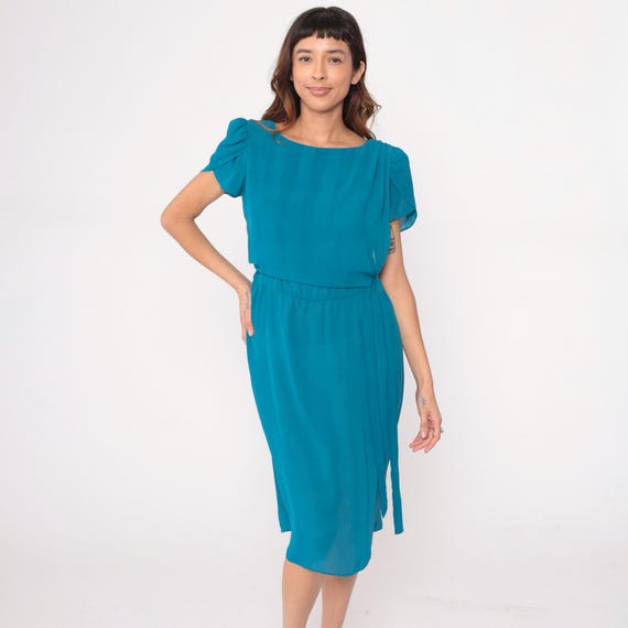 Turquoise Day Dress 80s Puff Sleeve Blue Tie Belt Drop Waist Teal Vintage Sheer Secretary Office Summer Casual Work Small Medium S M