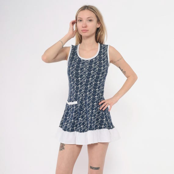 70s Mini Tennis Print Dress Babydoll  Navy Blue White Trim Vintage Athletic Preppy Sporty Ruffled Piping Summer Country Club Extra Small XS
