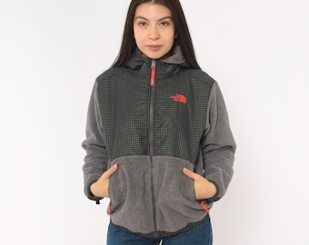 Giacca in pile a quadri grigi The North Face Denali anni 2000 con cappuccio, pullover da esterno, cappotto da trekking Gorpcore, giacca a vento invernale a strati, taglia M