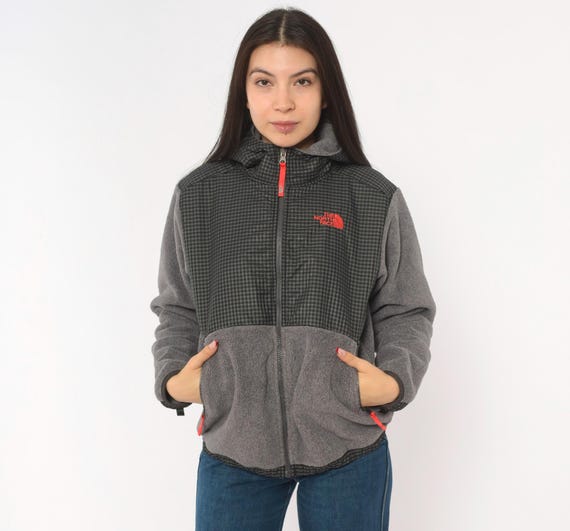 Grey Plaid Fleece Jacket The North Face Hooded Denali 2000s Outdoor Pullover Hiking Coat Gorpcore Winter Layering Hood Windbreaker Medium M