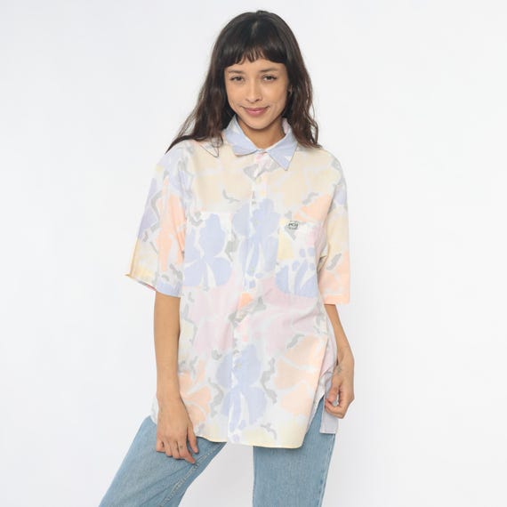 90s Pastel Polo Abstract Watercolor Button Front Collared Shirt Pink Blue Yellow Peach Short Sleeve Vintage Minimalist Summer Top Large L