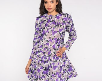 Purple Mini Dress 80s Abstract Floral Dress Long Puff Sleeve Drop Waist Flower Print Ruffled Shift Dress 1980s Vintage Large L