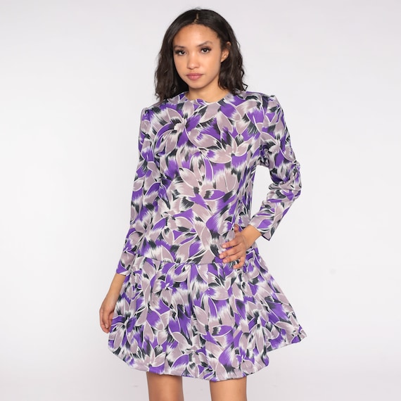 Purple Mini Dress 80s Abstract Floral Dress Long Puff Sleeve Drop Waist Flower Print Ruffled Shift Dress 1980s Vintage Large L