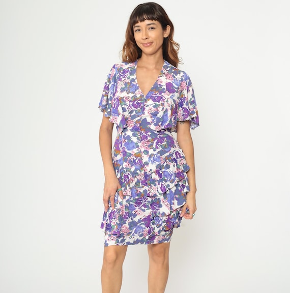 90s Floral Dress Purple Pink Blue White Button Front Flutter Sleeve V-Neck Tiered Ruffle Hem Mini  Summer Romantic XSmall XS 2