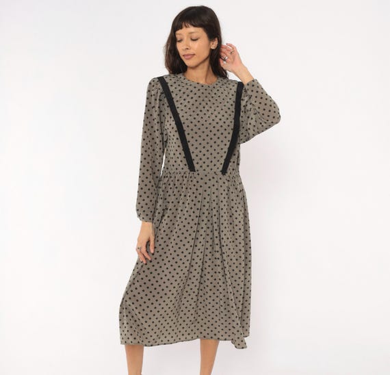 80s Quilted Diamond Print Dress Bib Donna Morgan Grey Long Sleeve  Black Trim V Panel Balloon Sleeve Charcoal Patterned Frock Medium M