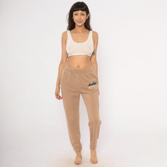 Y2K Montana Embroidered Joggers Tan Fleece Sweatpants Cuffed Ankle Tapered Leg Mountain  Camel Loungewear Cozy Pullover Trousers Small S