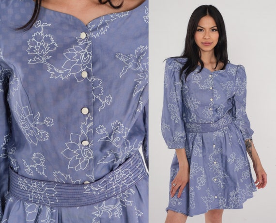Diane Von Furstenberg Dress 80s Purple Floral Mini Dress Puff Sleeve High Waisted Button up Flower Print Day Designer Vintage 1980s Medium M