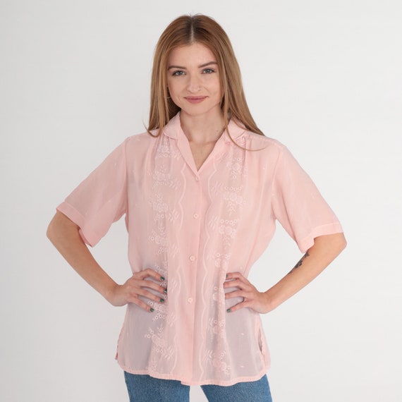 Floral Embroidered Blouse 80s Semi-Sheer Pink Top… - image 2