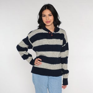80s Striped Sweater Wool Blend Sweater Grey Henley Sweater Navy Blue Button Up Slouchy Pullover Jumper 1980s Vintage Retro Medium Large