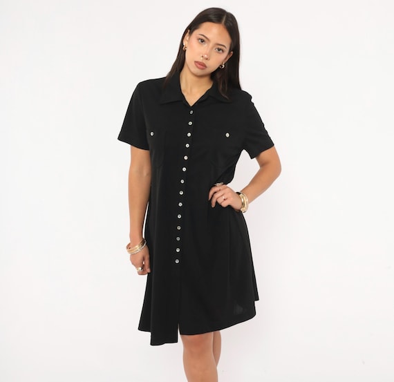90s Black Shirt Dress Button Front Collar Short Sleeve Shift Pocket Detail Jet Shirtdress Office Corporate Goth Minimal Vintage Medium M