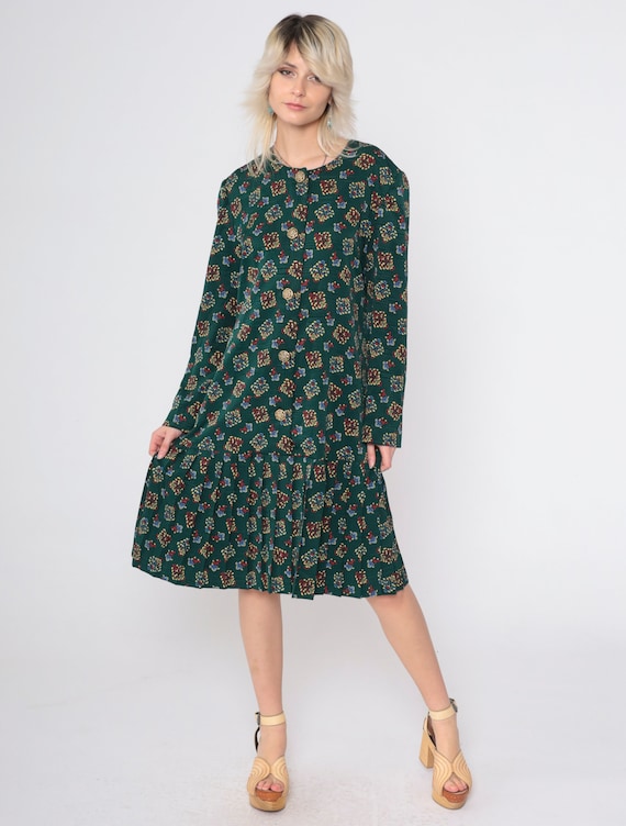 Green Shirt Dress 90s Midi Dress Abstract Floral Print Button up Long Sleeve Drop Waist Pleated Vintage 1990s Leslie Fay Large xl Petite