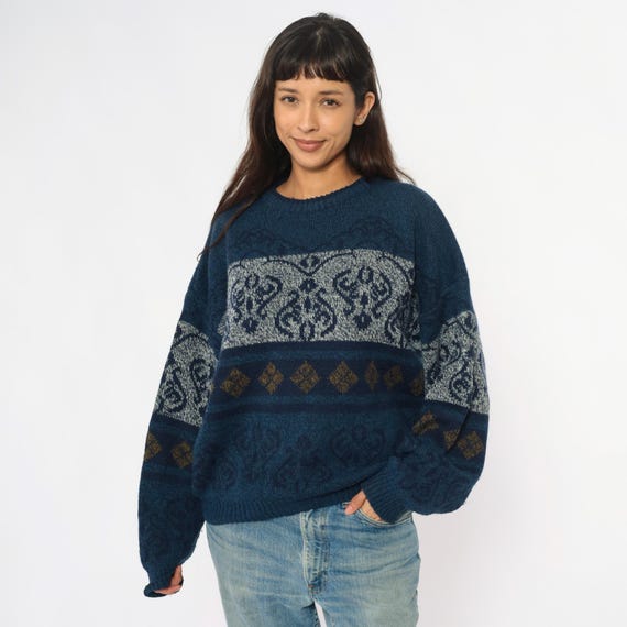 Fair Isle Sweater 90s Navy Blue White Gold Diamond Geometric Nordic Pattern Long Sleeve Knit Dark Academia Preppy Winter Vintage Large L