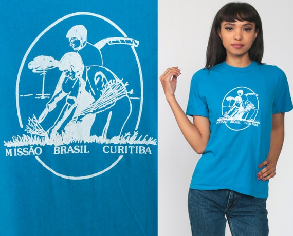 Curitiba Brazil Shirt Mission Retro TShirt Vintage T Shirt Brasil 80s Travel Thin Tee Graphic Blue Extra Small xs