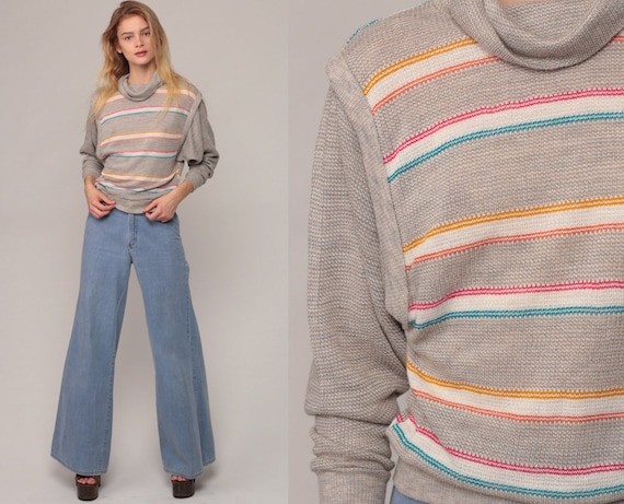 Dolman Sweater Top 80s STRIPED Sweater Knit Slouchy Turtleneck Sweater Cowl Neck Sweater 1980s Vintage Slouch Long Sleeve Small Medium