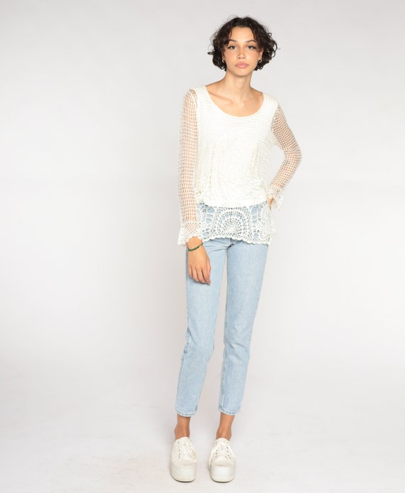 White Crochet Shirt Y2K Boho Blouse Long Sheer Sl… - image 3