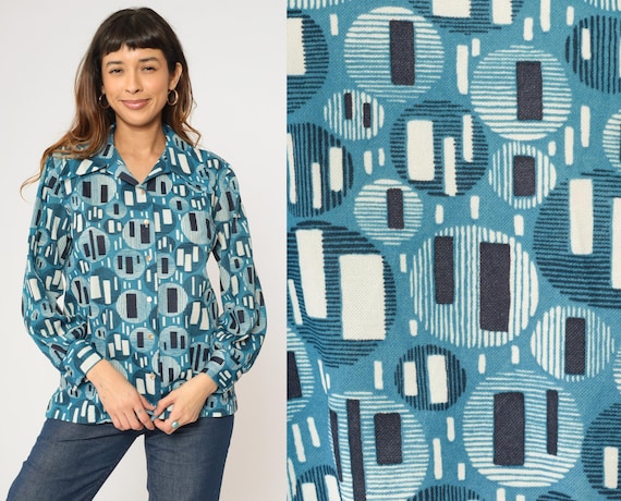 70s Hippie Shirt Blue Psychedelic Print Shirt Geometric Boho Disco Top 1970s Vintage Bohemian Button Up Long Sleeve White Large L