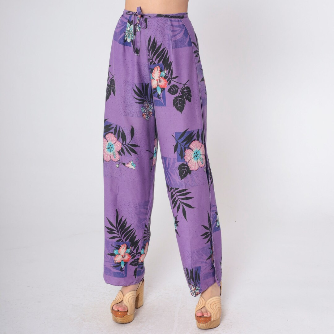 Hawaiian Floral Pants Tropical Wrap Trousers 90s Side Slit