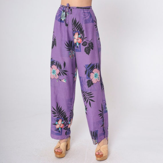 Hawaiian Floral Pants Tropical Wrap Trousers 90s Side Slit Wide Leg Pants High Waist Pants Purple Hibiscus Bird Vintage Small Medium xs