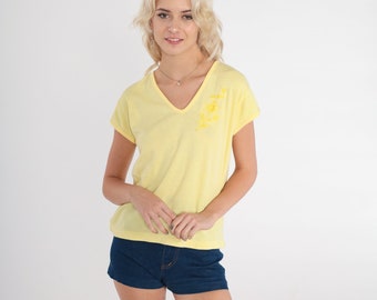 80s Floral Tee Shirt Light Yellow Embroidered Top Cap Sleeve Tshirt V Neck Graphic Print T Shirt Vintage Retro Tshirt 1980s Medium